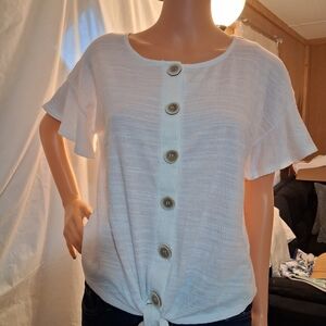 Cable & Gauge Off White Button-Down Tie At Waist Blouse with Flutter Sleeves